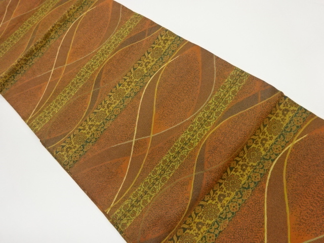 JAPANESE KIMONO / NAGOYA OBI / SILK / WOVEN STRIPE & FLORAL ARABESQUE & WAVY LINE